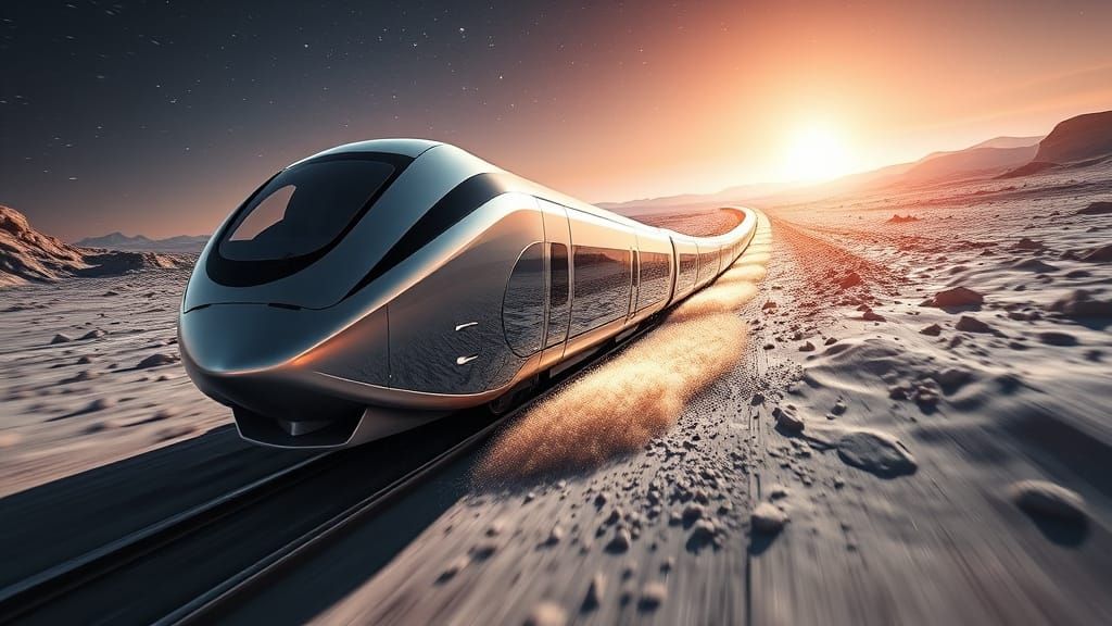 Sleek Lunar Maglev Train Zooms Across Moon's Surface