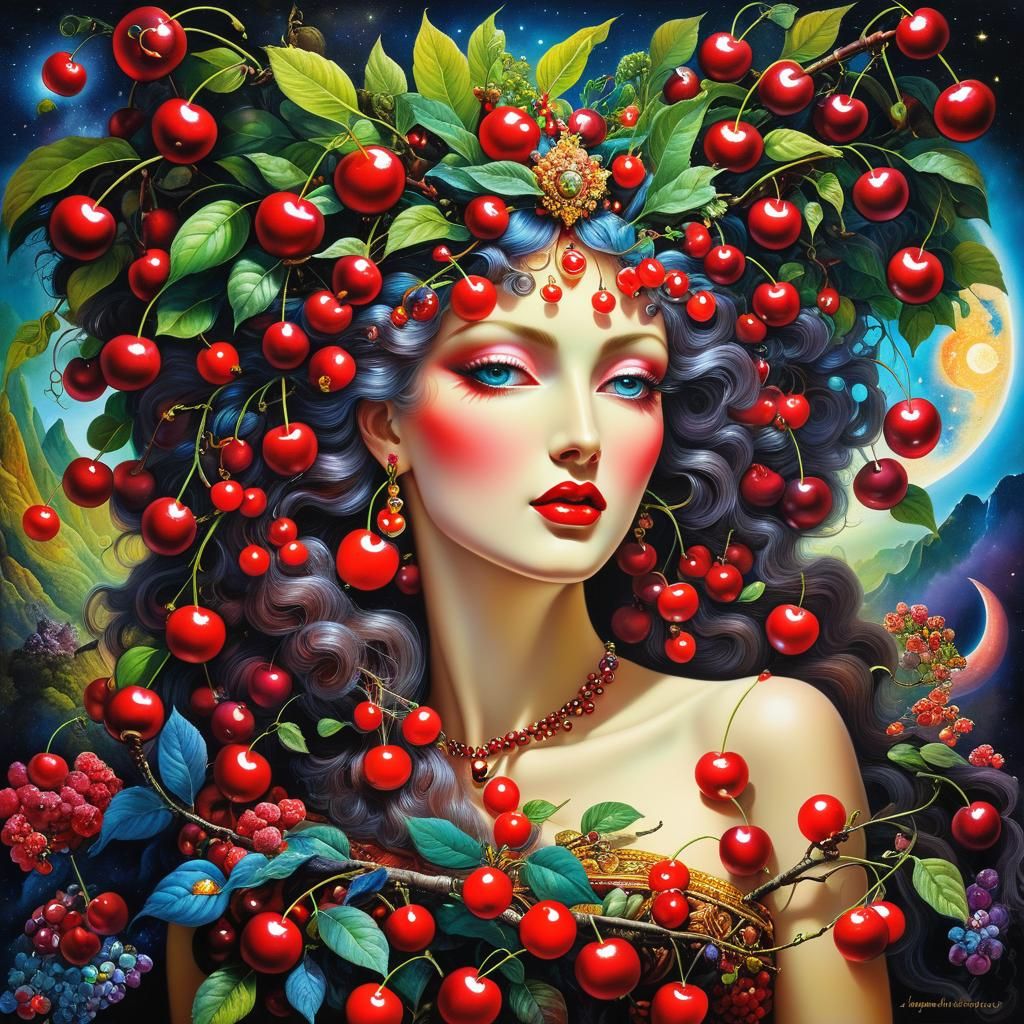 Surreal Cosmic Cherries in Visionary Art Style