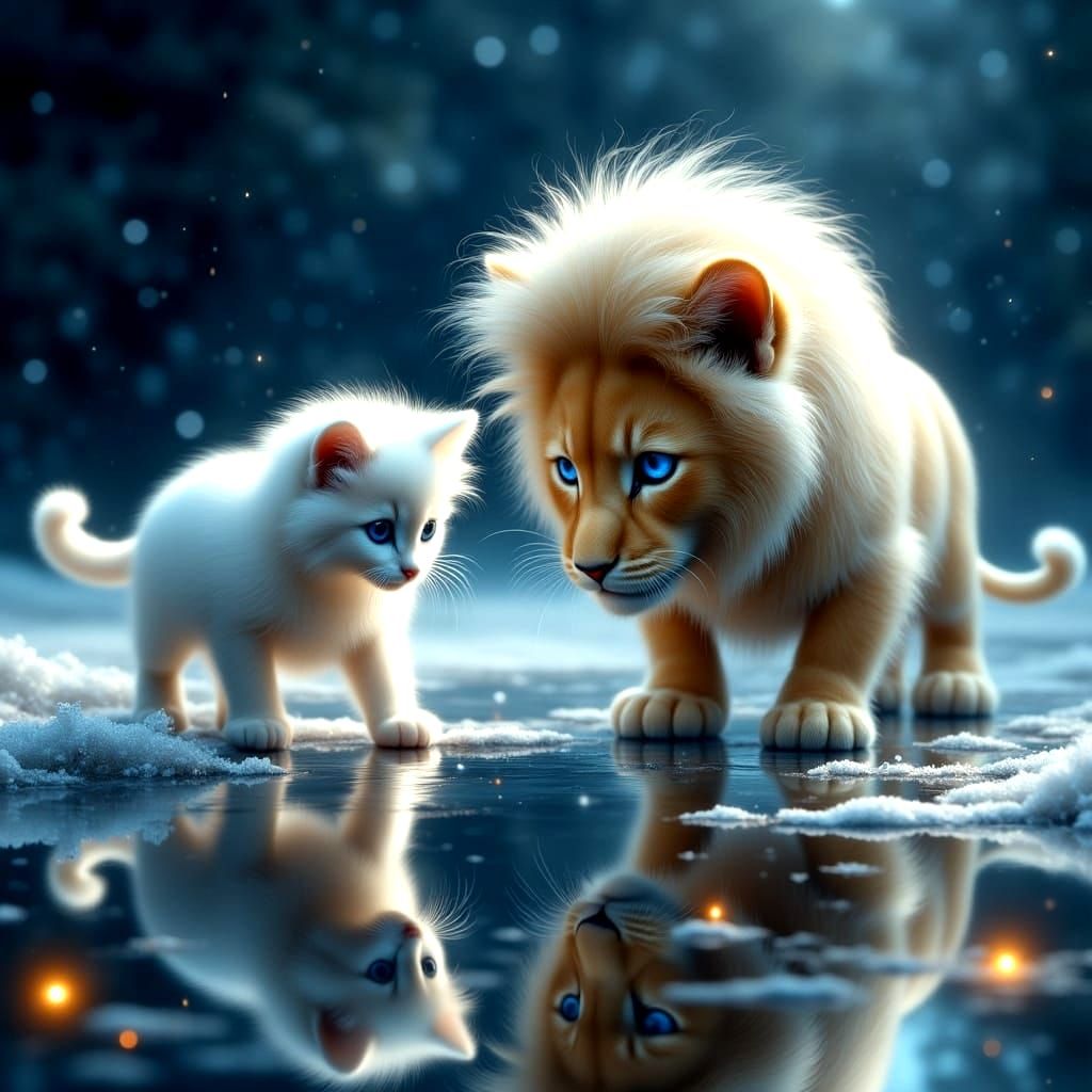 Magical Cat Reflection as Lion in Flux Oil Style