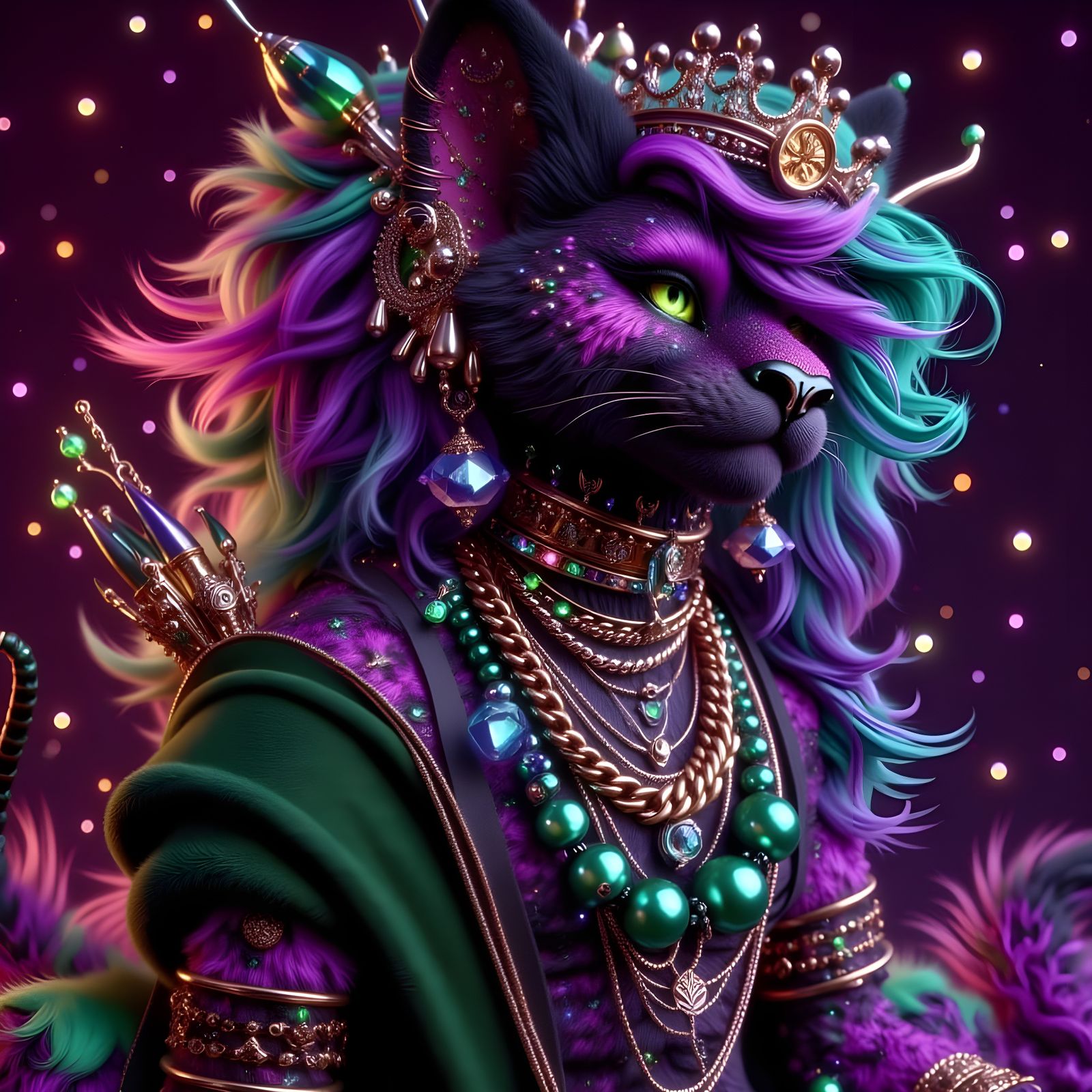 Surreal Alien Cat Ruler in Vibrant Mardi-Gras Regalia
