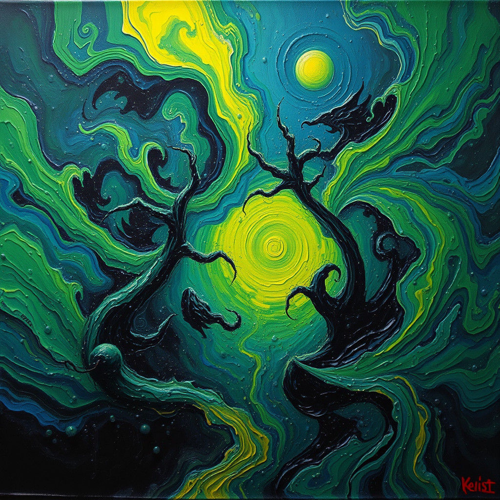 Surreal Green and Blue Abstract Impasto Painting