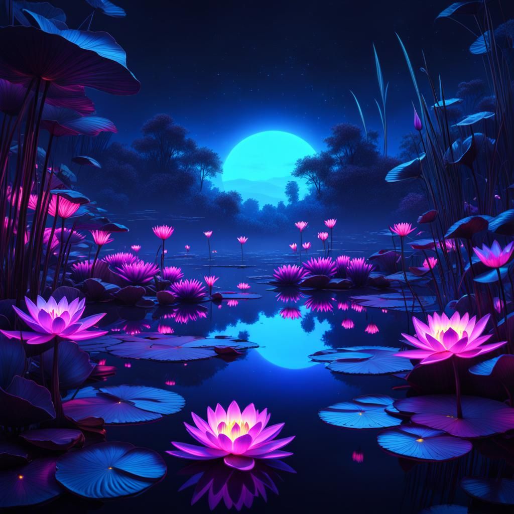Glowing Fairies Over Neon Lotus Lake: Black Light Art