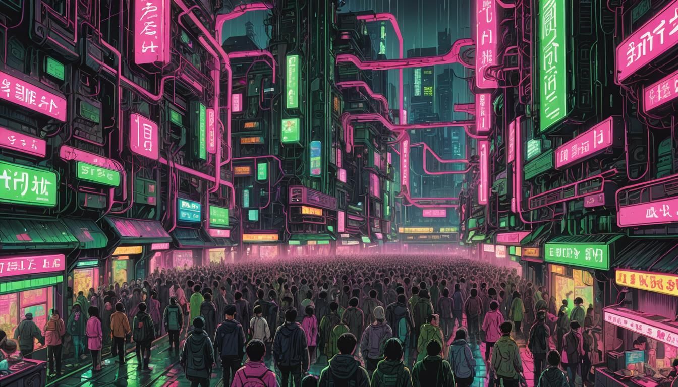 Cyberpunk Arcology Crowd Scene in Neon Rain