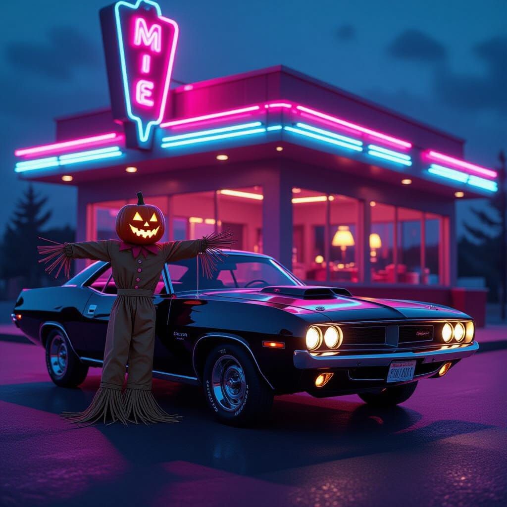Scarecrow with Pumpkin Head and Neon Noir Barracuda