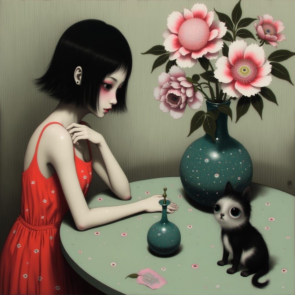 Elegant Japanese Woman Among Lush Pink and White Peonies