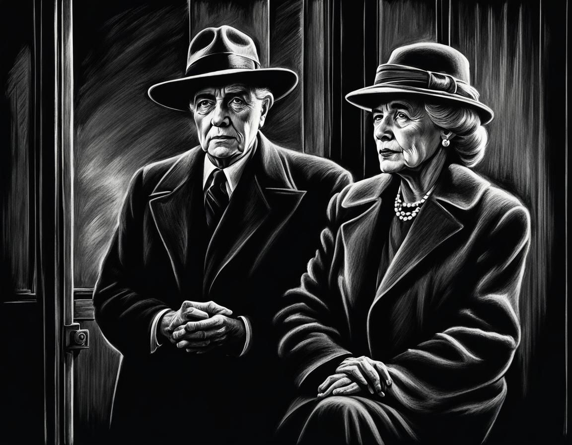 Film Noir Chalk Drawing of an Old Couple
