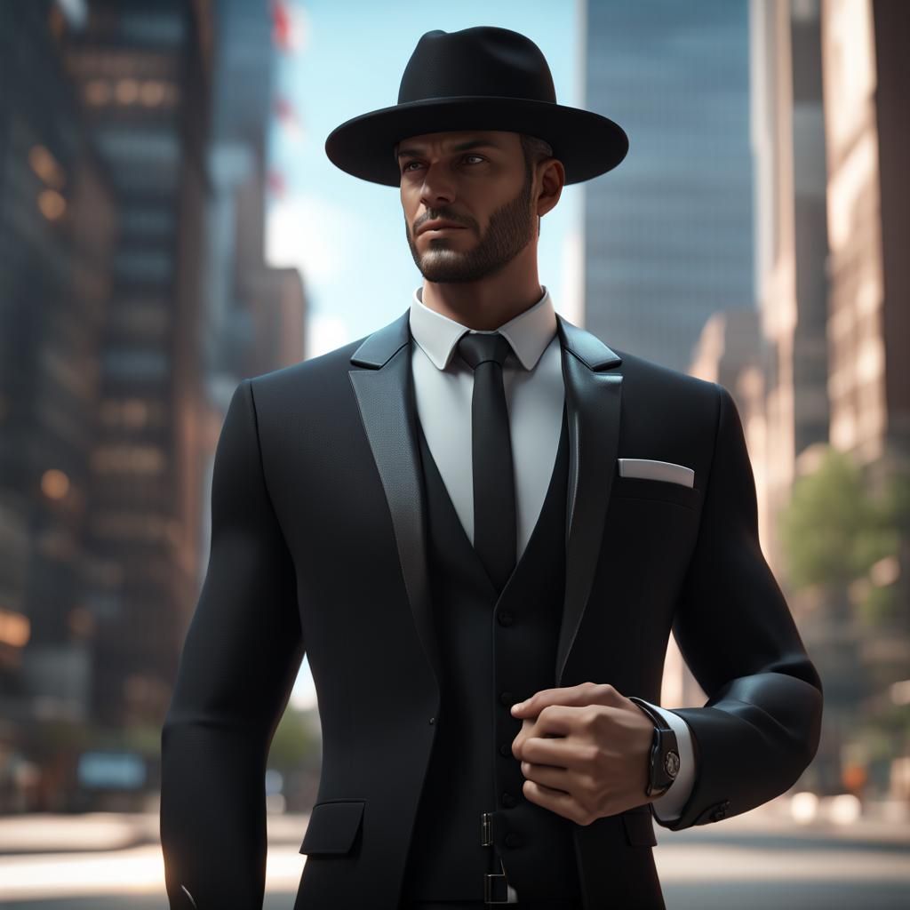 Well-Built Man in Suit in Digital City