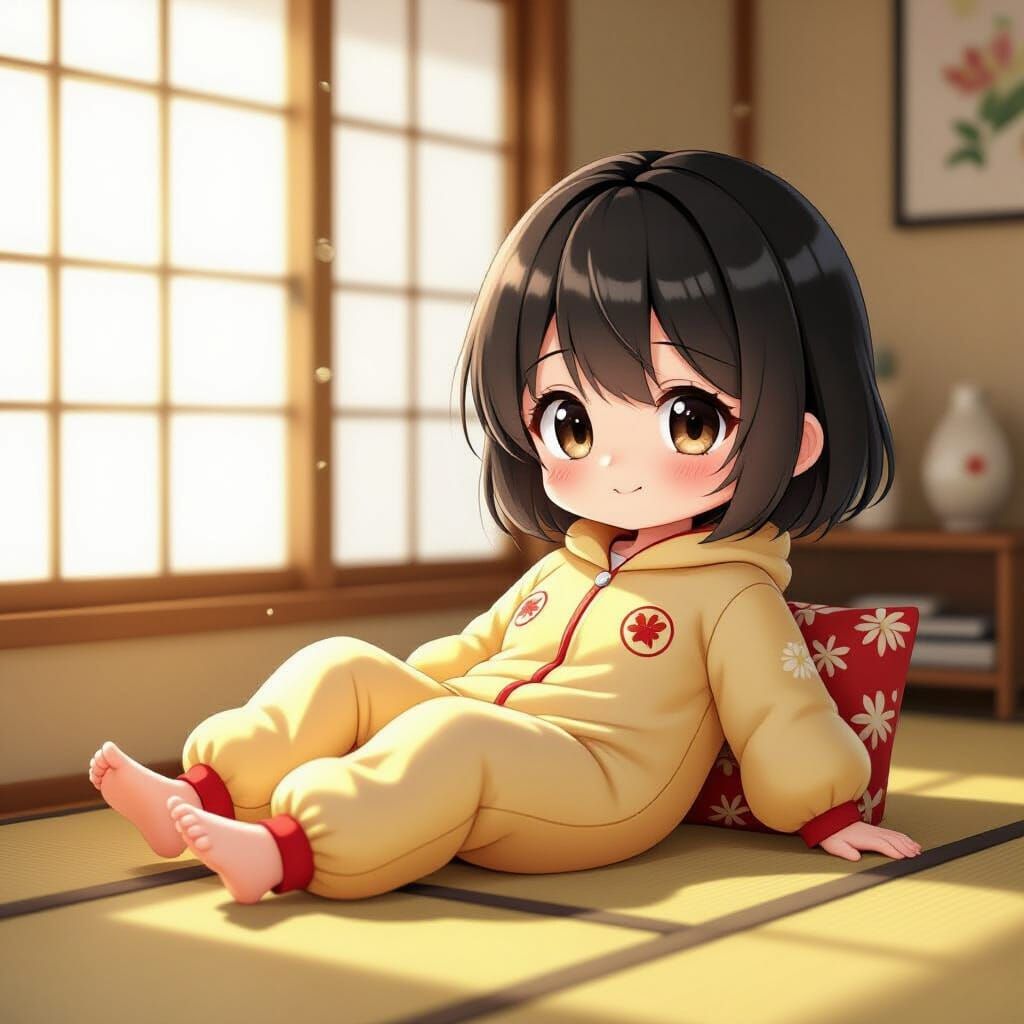 Chibi Girl in Yakisoba Bread Onesie in Retro Apartment