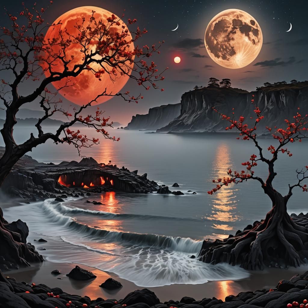 Fairies Dancing Under a Red Moon: Impasto Landscape