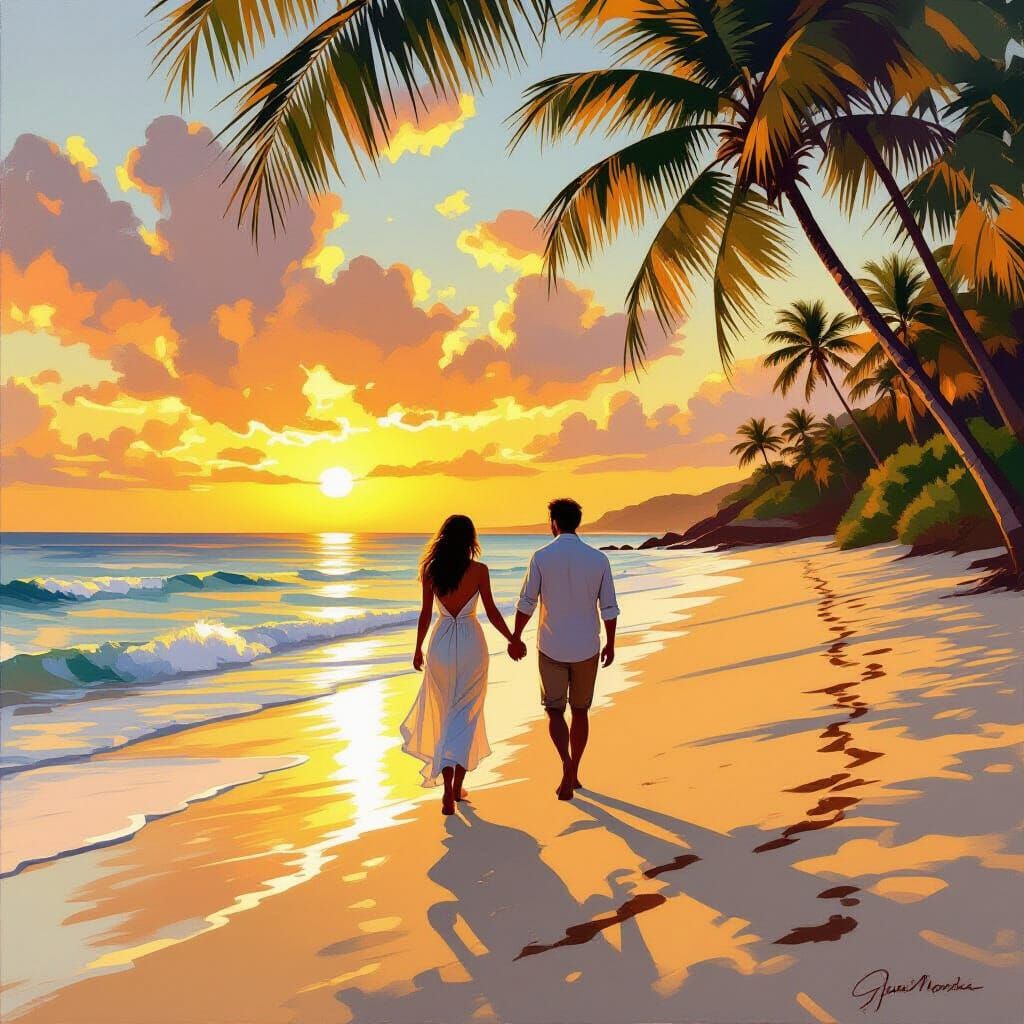 Romantic Sunset Beach Walk in Impressionist Style