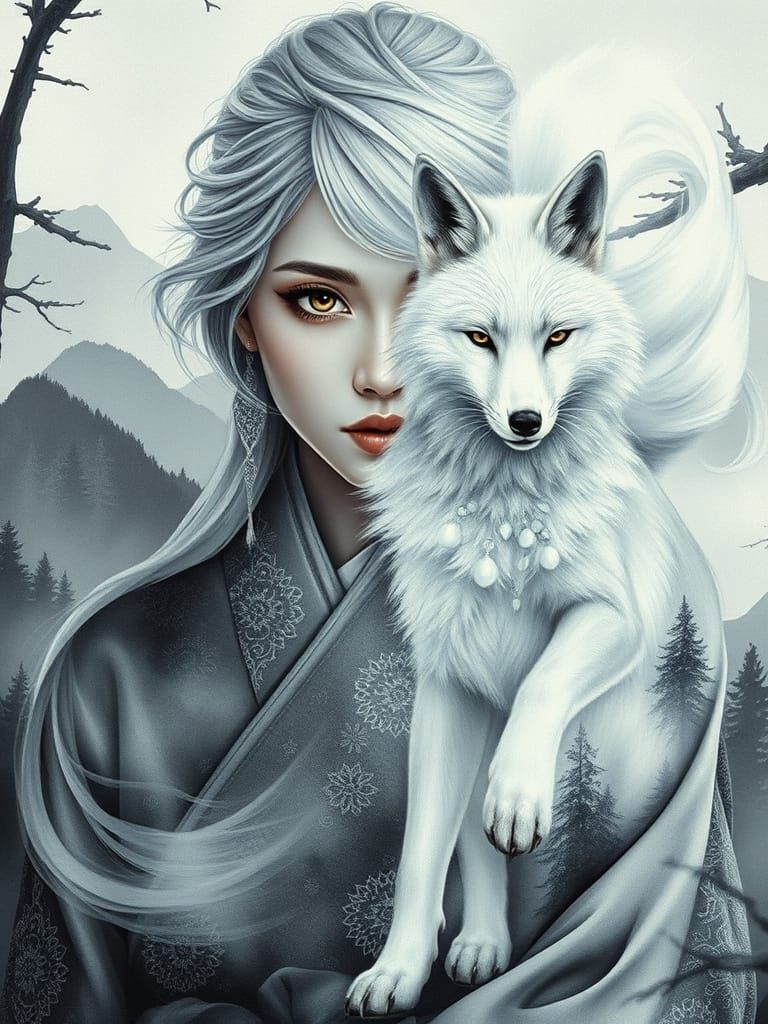 Ethereal Sorceress Double Exposure with Nine-Tailed Fox