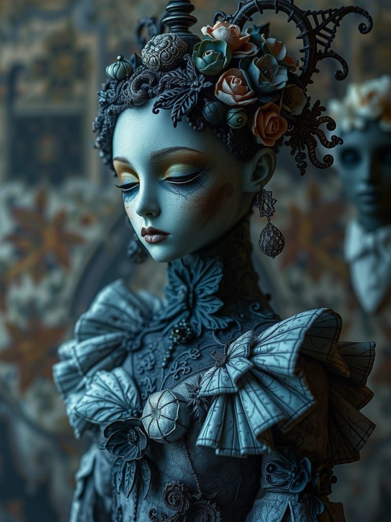 Grotesquepunk Porcelain Doll Surrealism in Charcoal Filigree