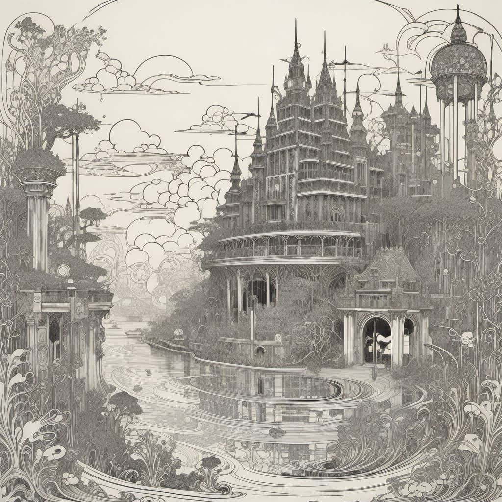 Mythical Underwater City in Art Nouveau Style