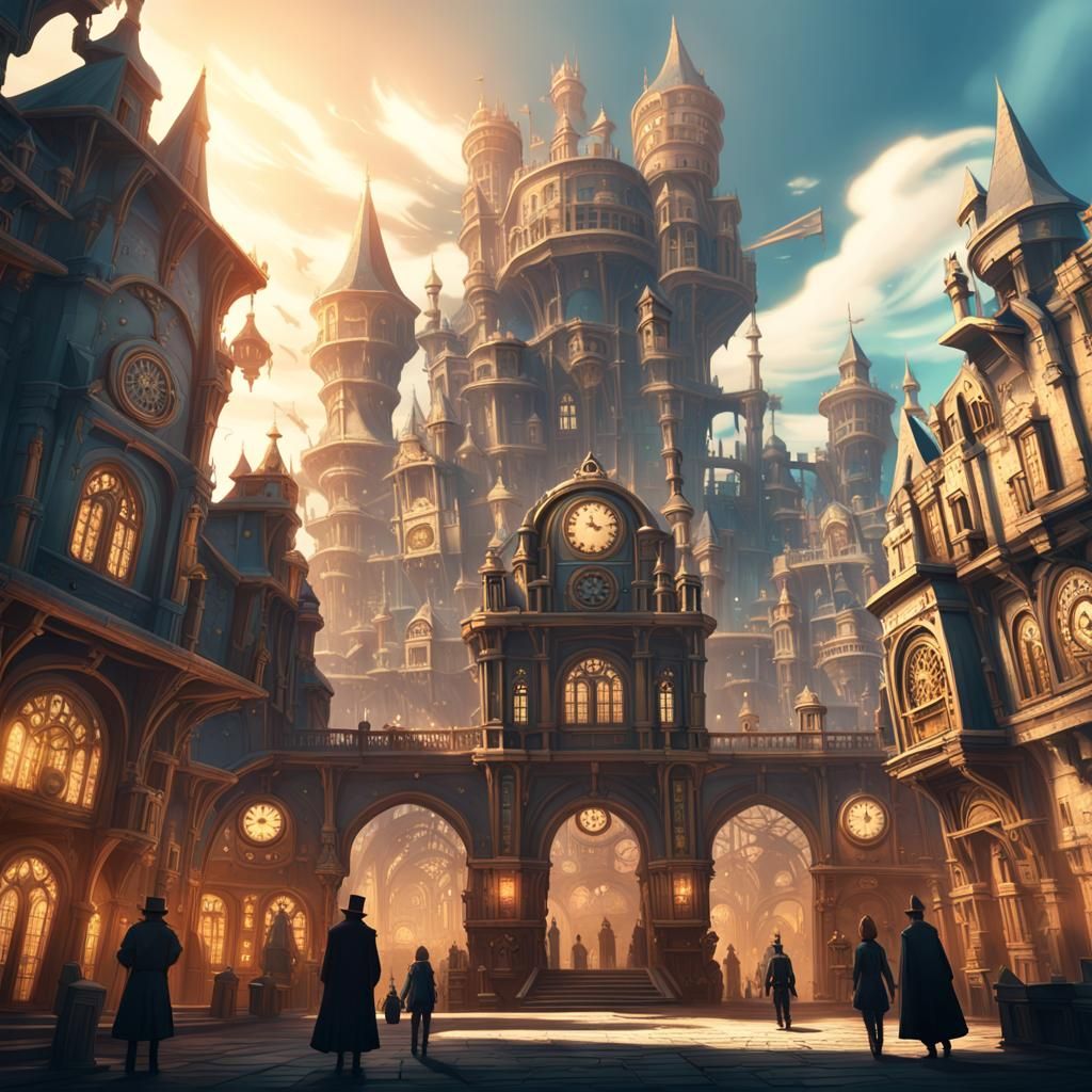 Magical Steampunk City in Anime Style