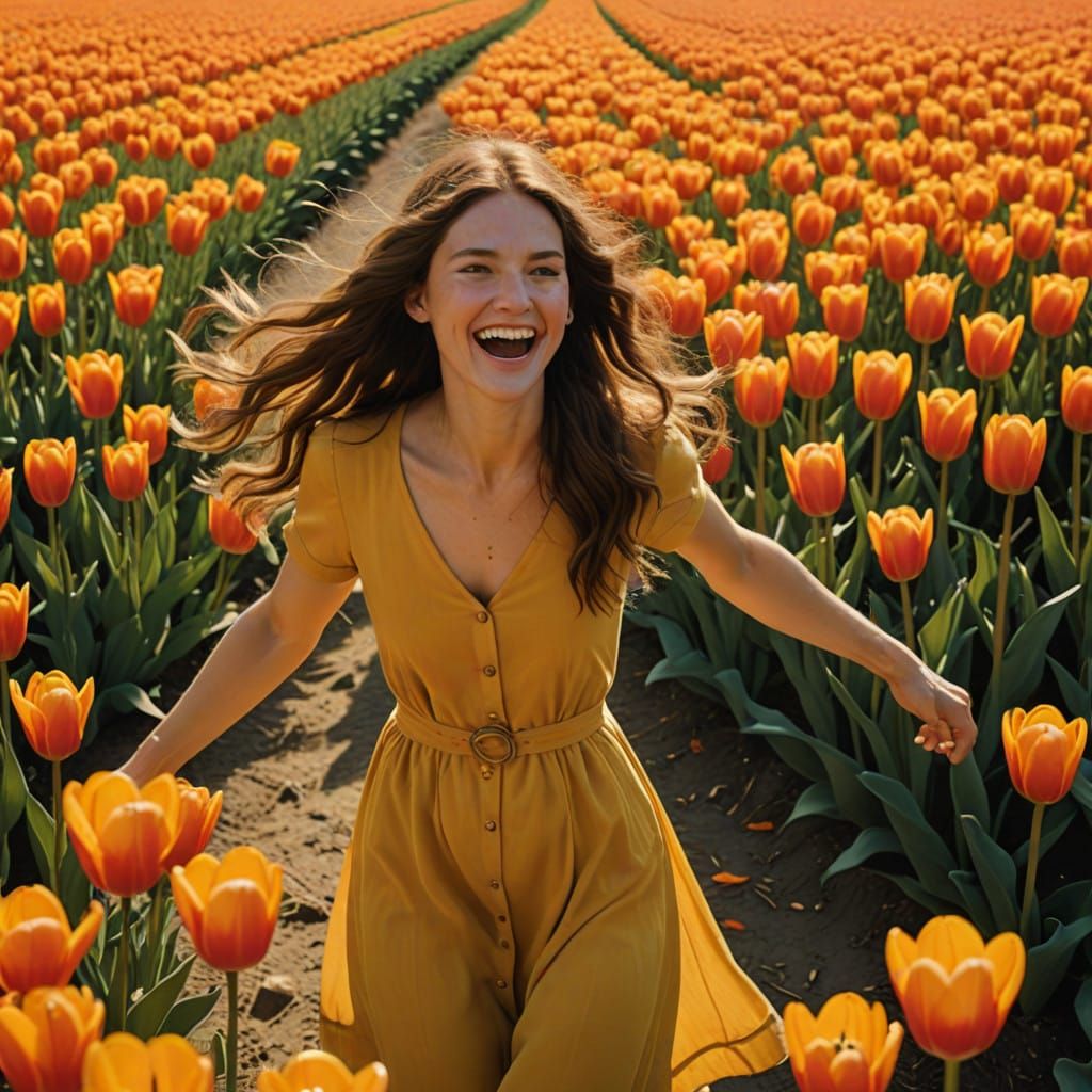 Whimsical Girl Twirls in Vibrant Orange Tulip Field