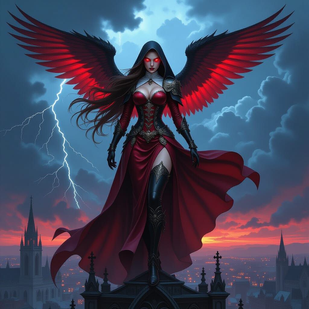 Winged Nun Sentinel in Stormy Gothic Landscape