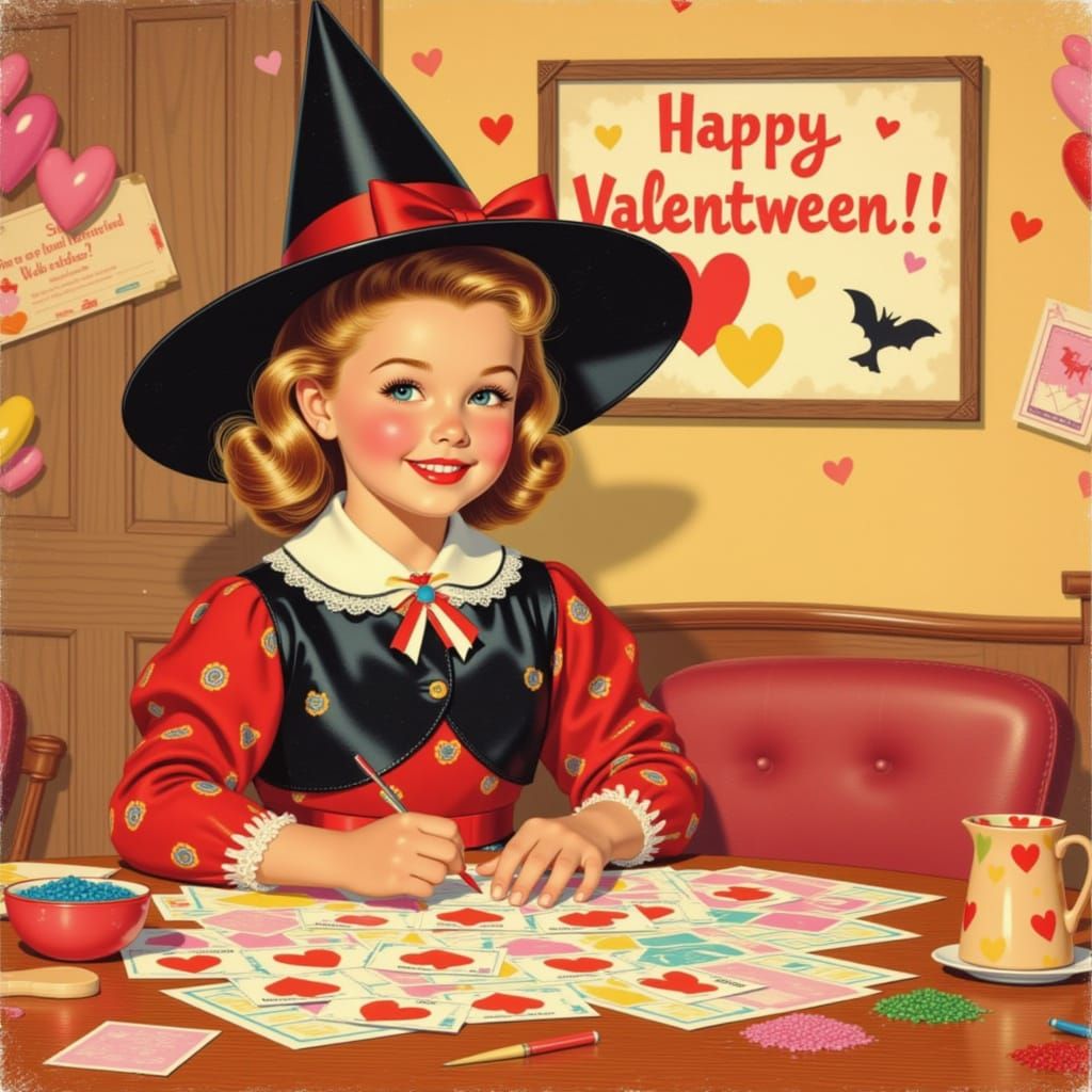 1950s Girl Makes Valentween Cards in Vintage Style