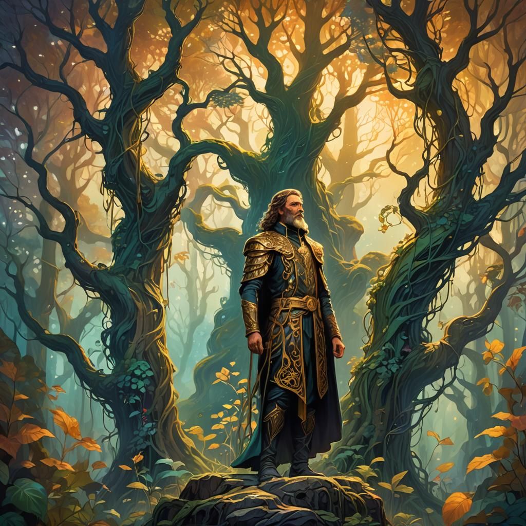 Mr. Nature in Mystical Forest, Art Nouveau Oil Painting