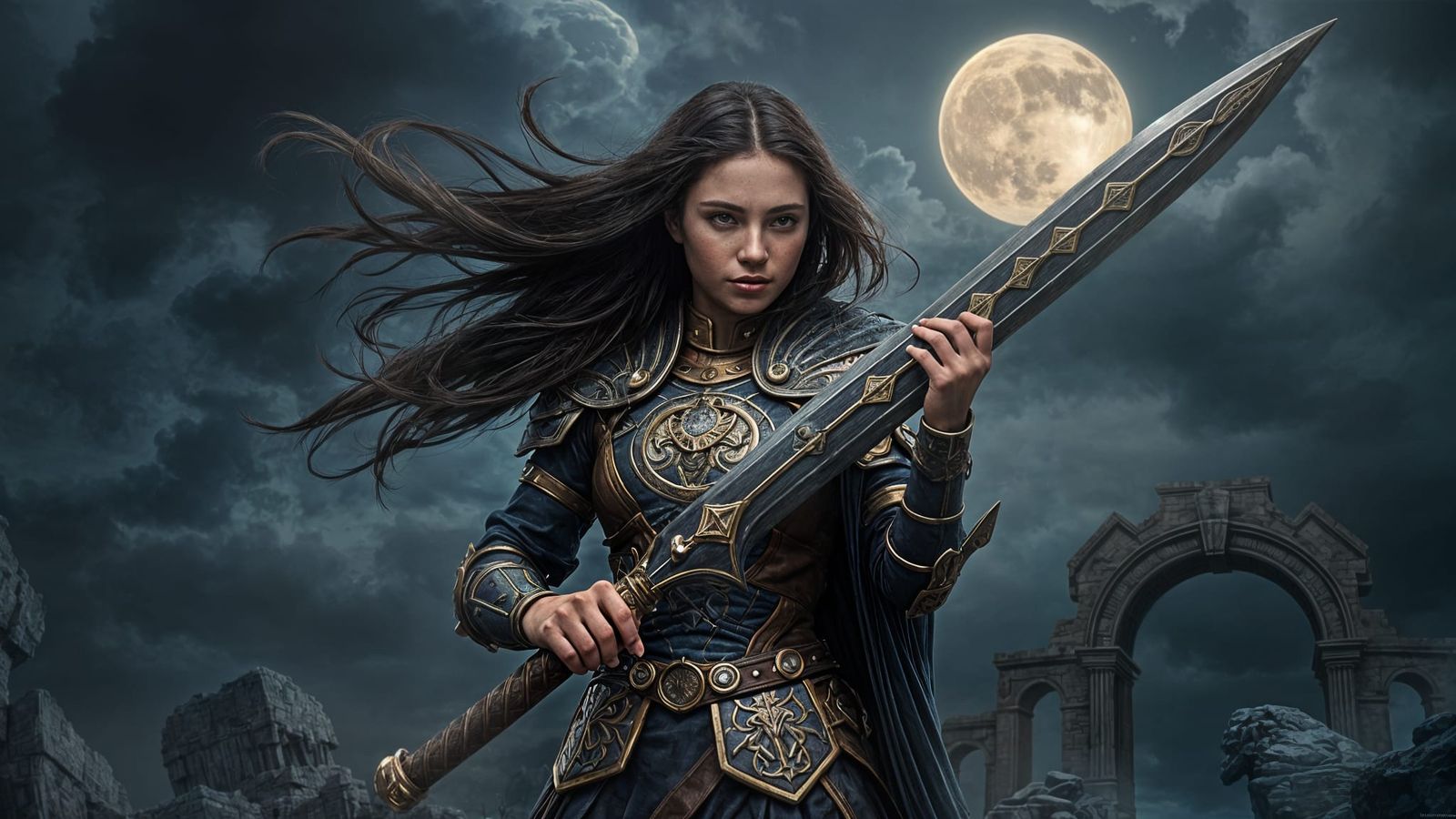 Warrior Woman in Dark Fantasy Landscape