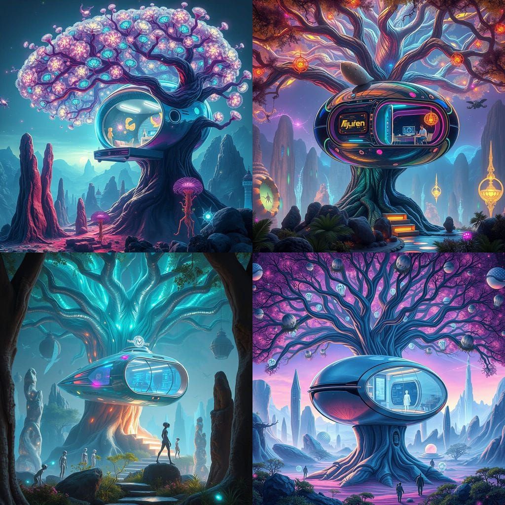 Glowing Treehouse Pod on Alien Planet in Cyberpunk Style