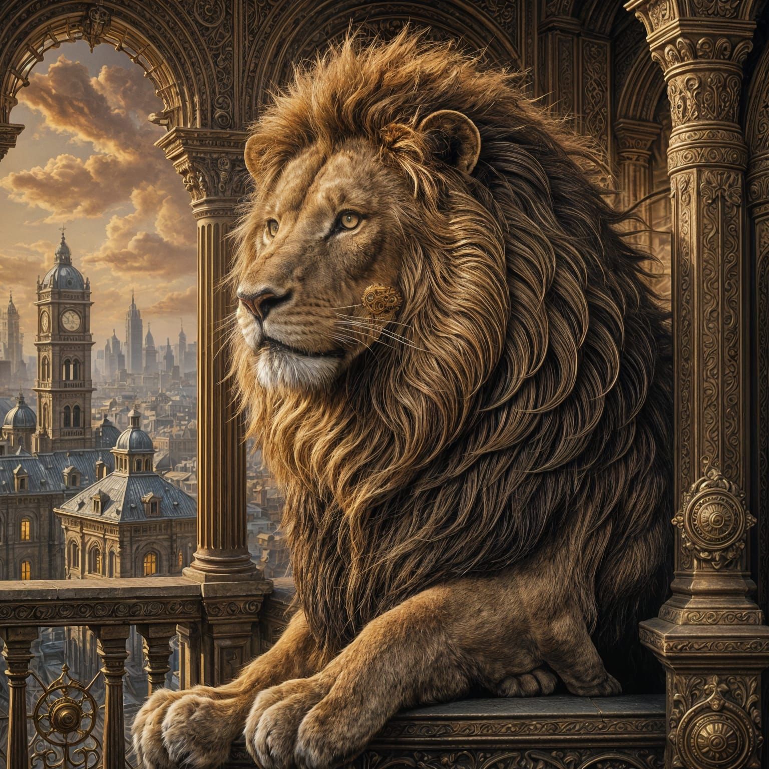 Steampunk Lion Overlooking Victorian City as Oil Painting