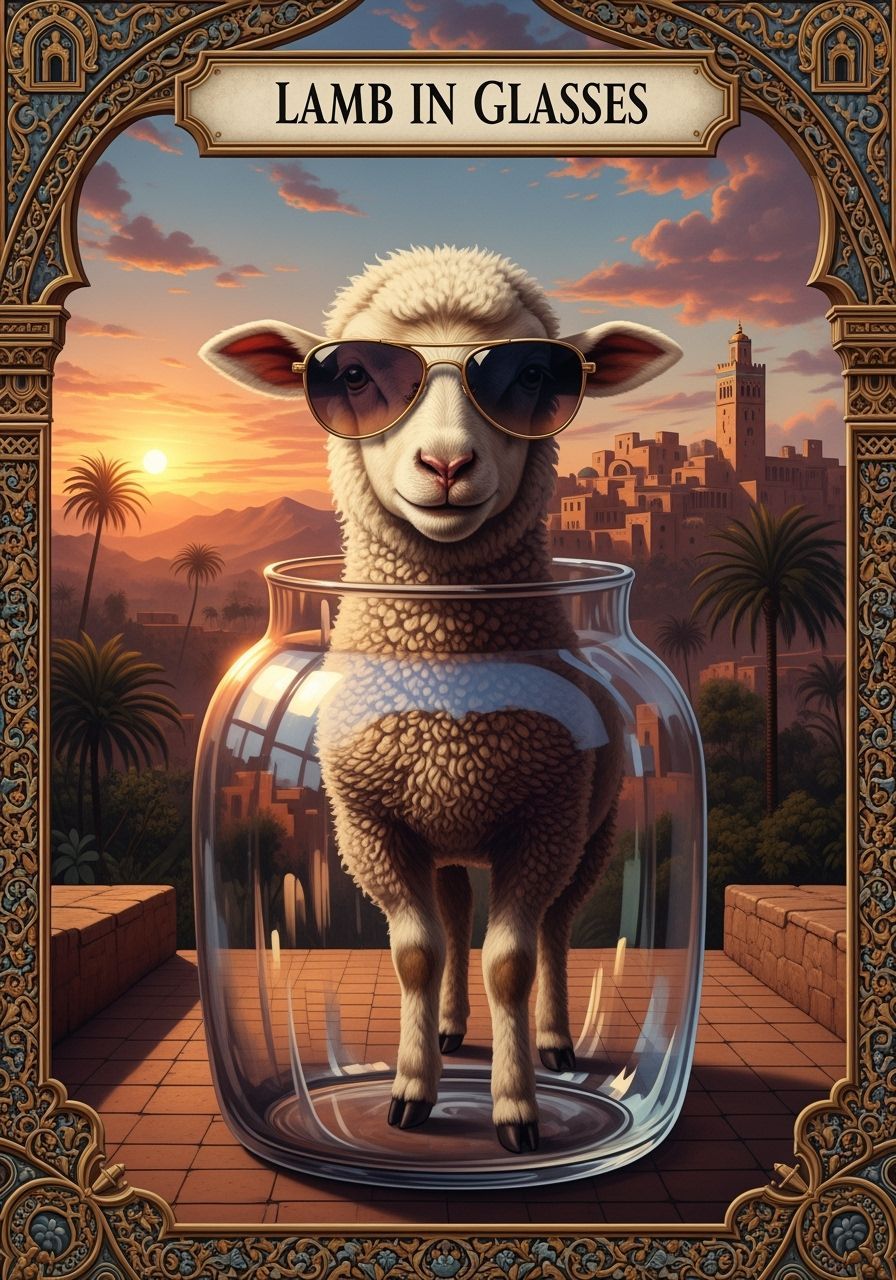 Surreal Lamb Trading Card in Moroccan Sunset Style