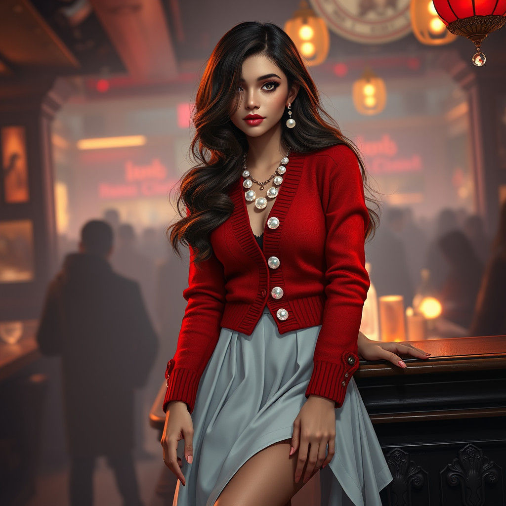 Brunette in Red Cardigan at Crowded Bar