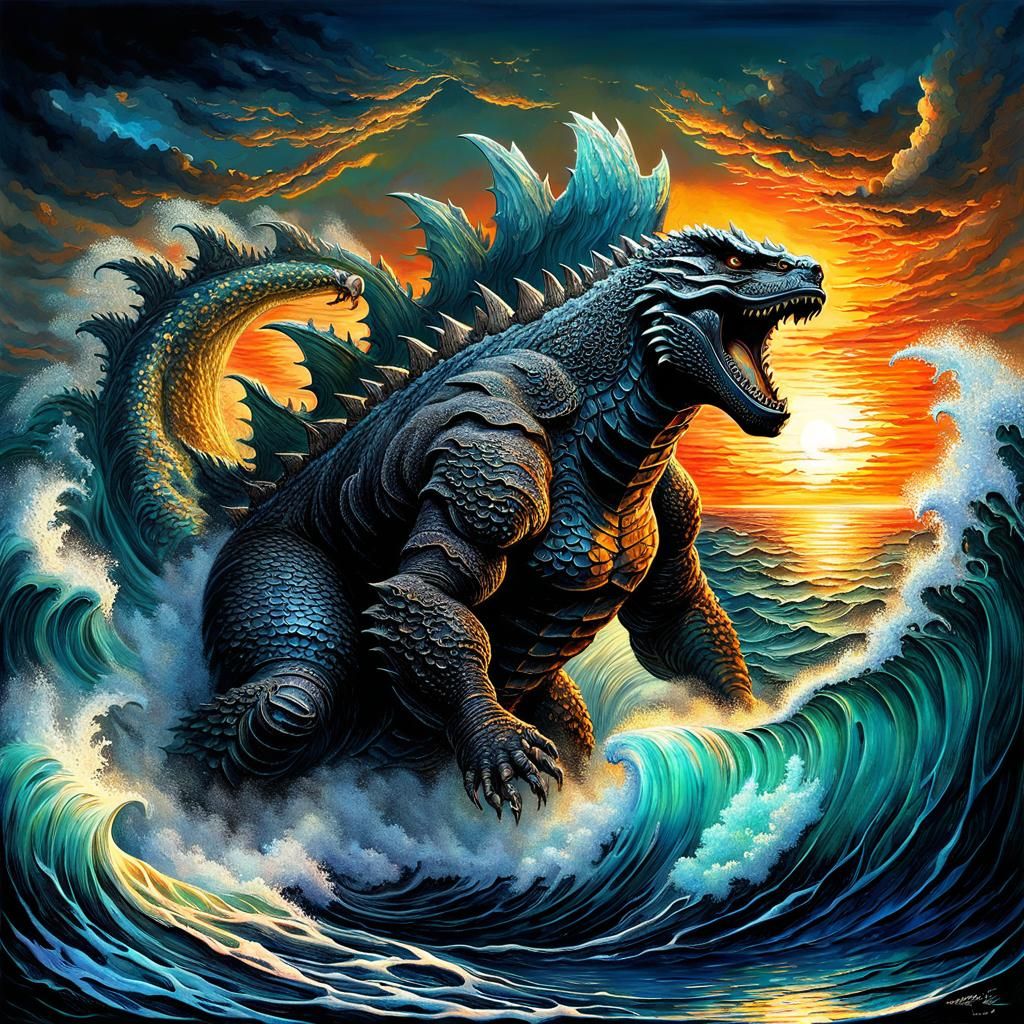 Godzilla Strides Through Sapphire Ocean, Fantasy Art