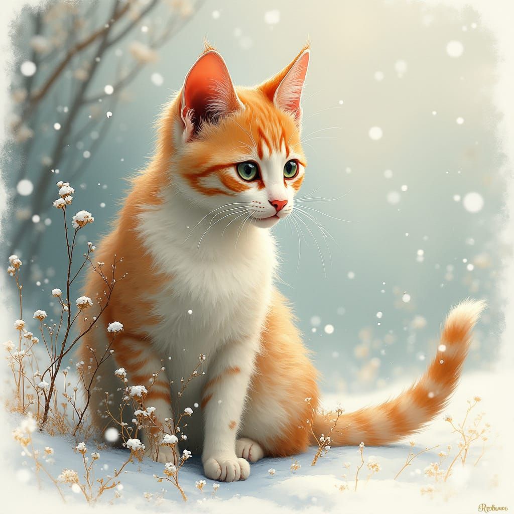 Whimsical Cat in Snowy Landscape
