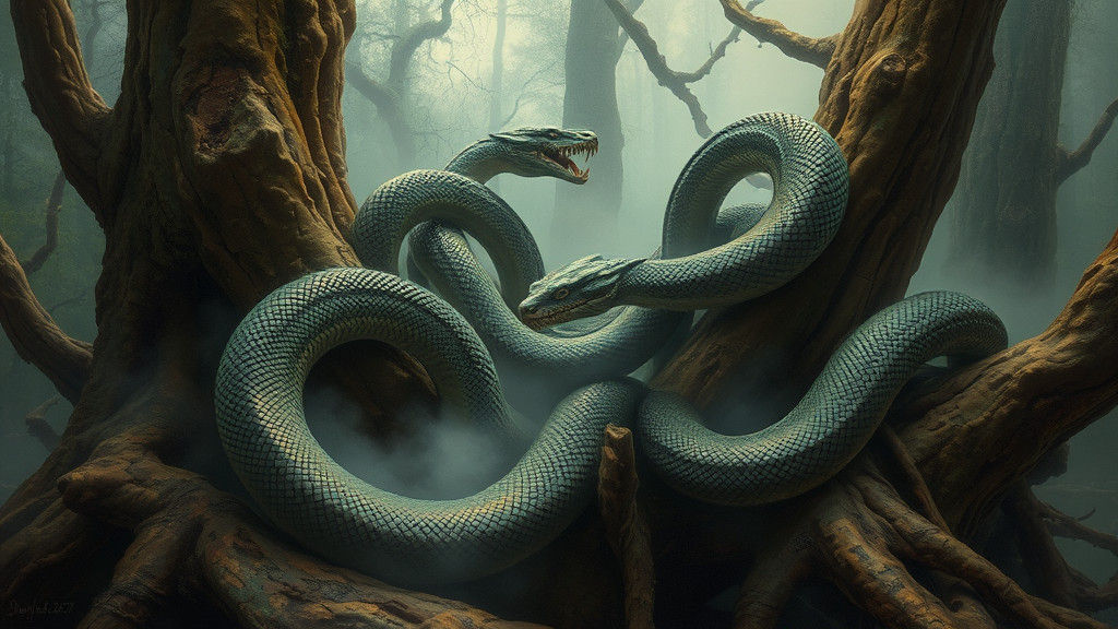 Mystical Serpents in Gnarled Forest, Atmospheric Oil Paintin...