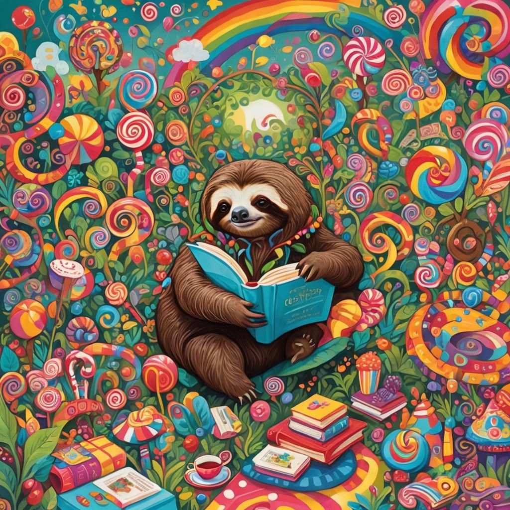 Cartoon Sloth Reads Book in Candyland Wonderland