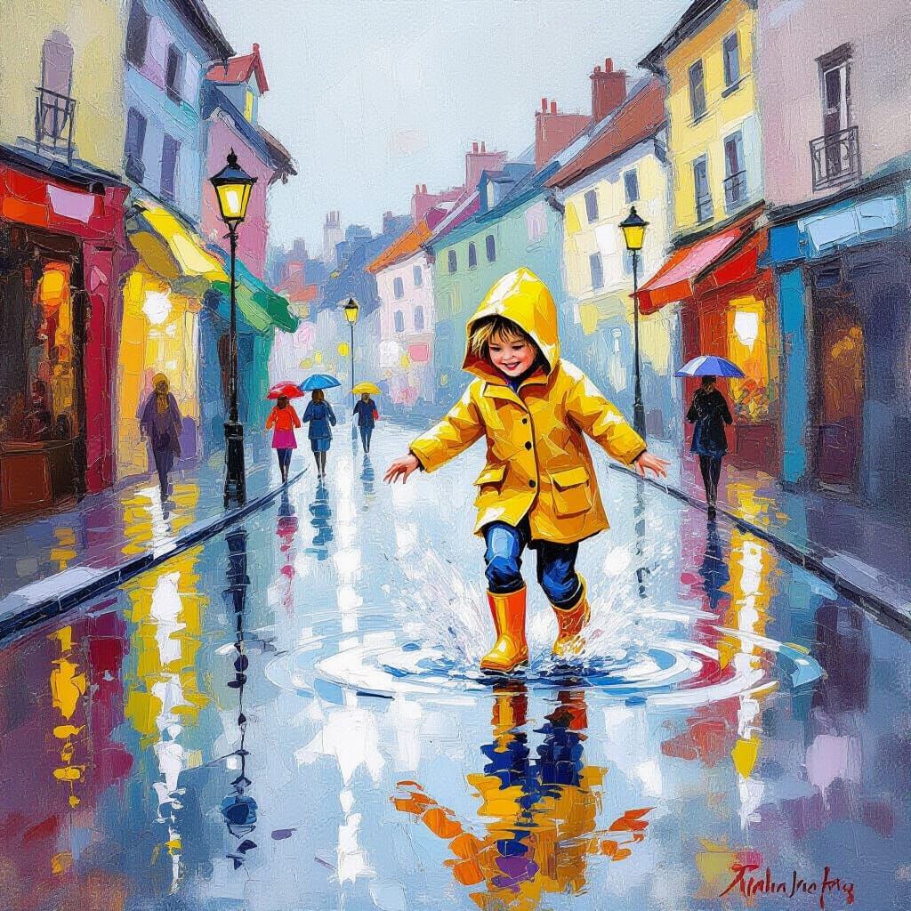Child Splashing in Summer Rain: Impressionistic Style