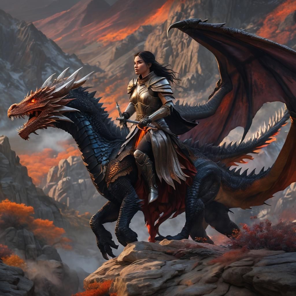 Warrior Girl on Dragon Amidst Fiery Mountains