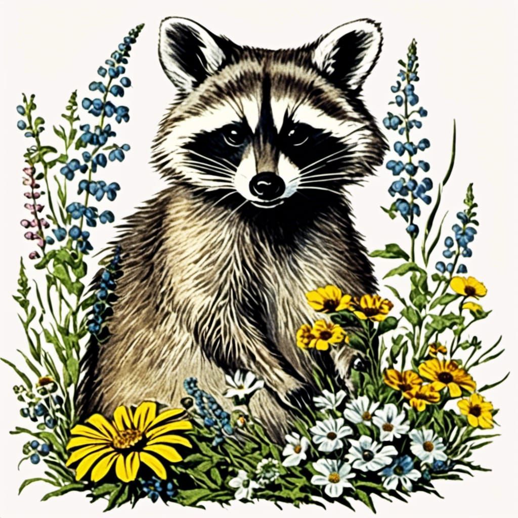 Vintage Raccoon Clip Art with Wildflowers