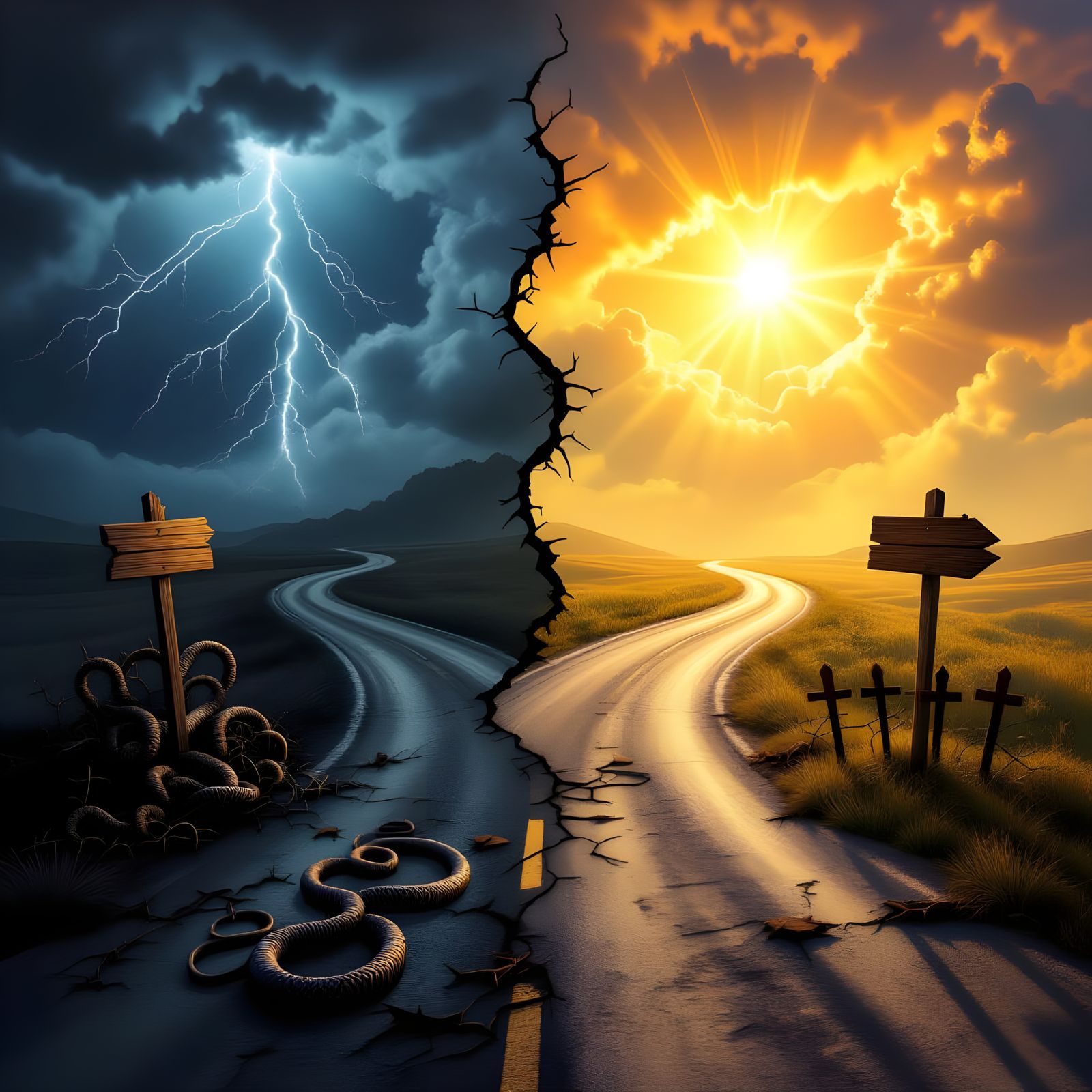 Split Road at Crossroads: Path to Light vs. Darkness