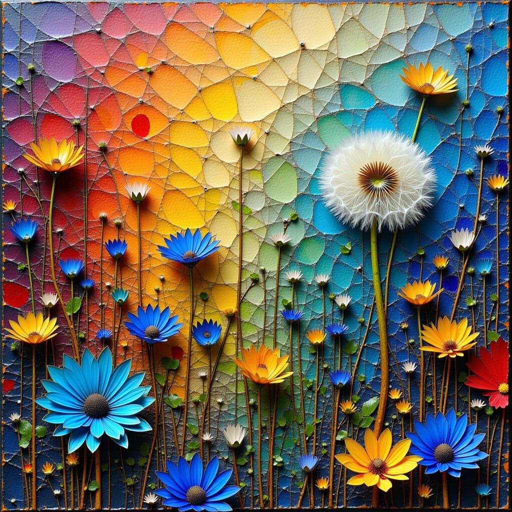 Dandelion Amidst Iridescent Mosaic in Mixed Media Style