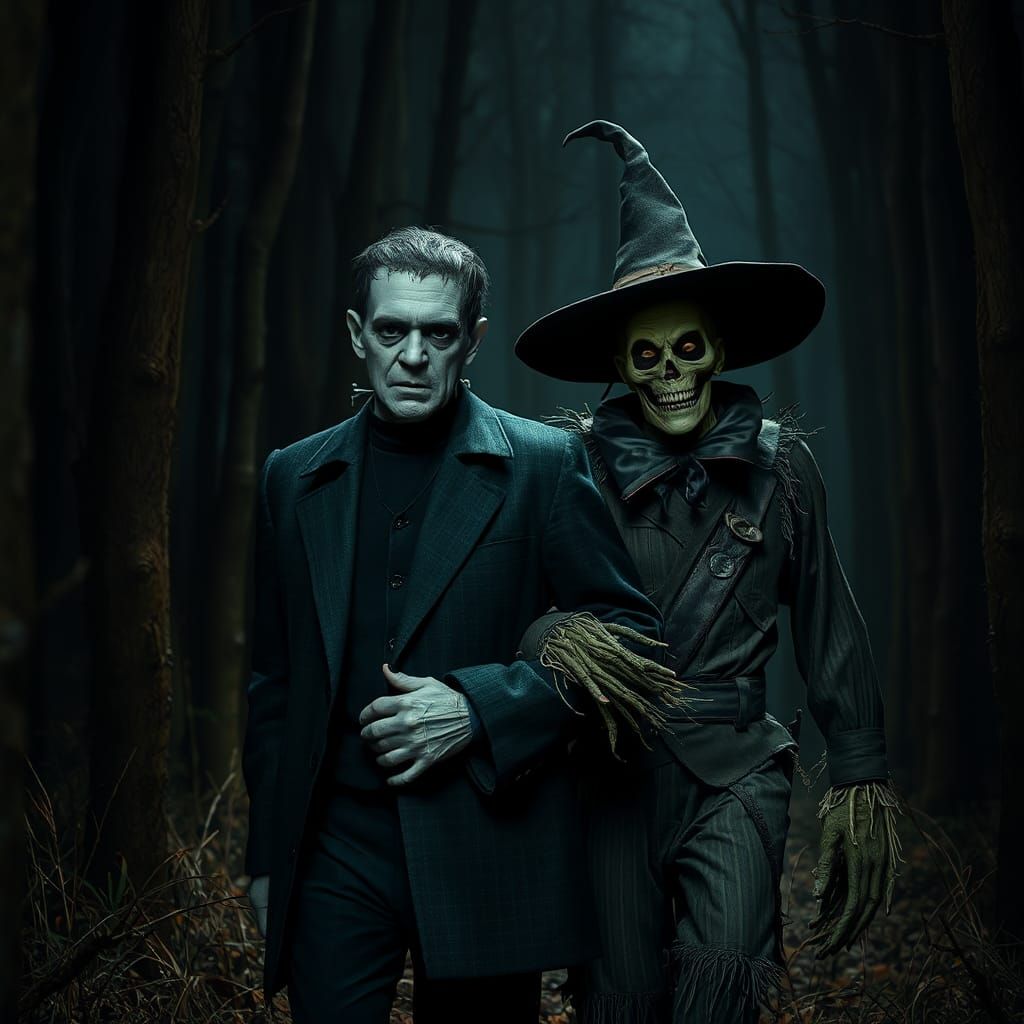 Frankenstein and Scarecrow in Spooky Forest, Hyperrealistic ...