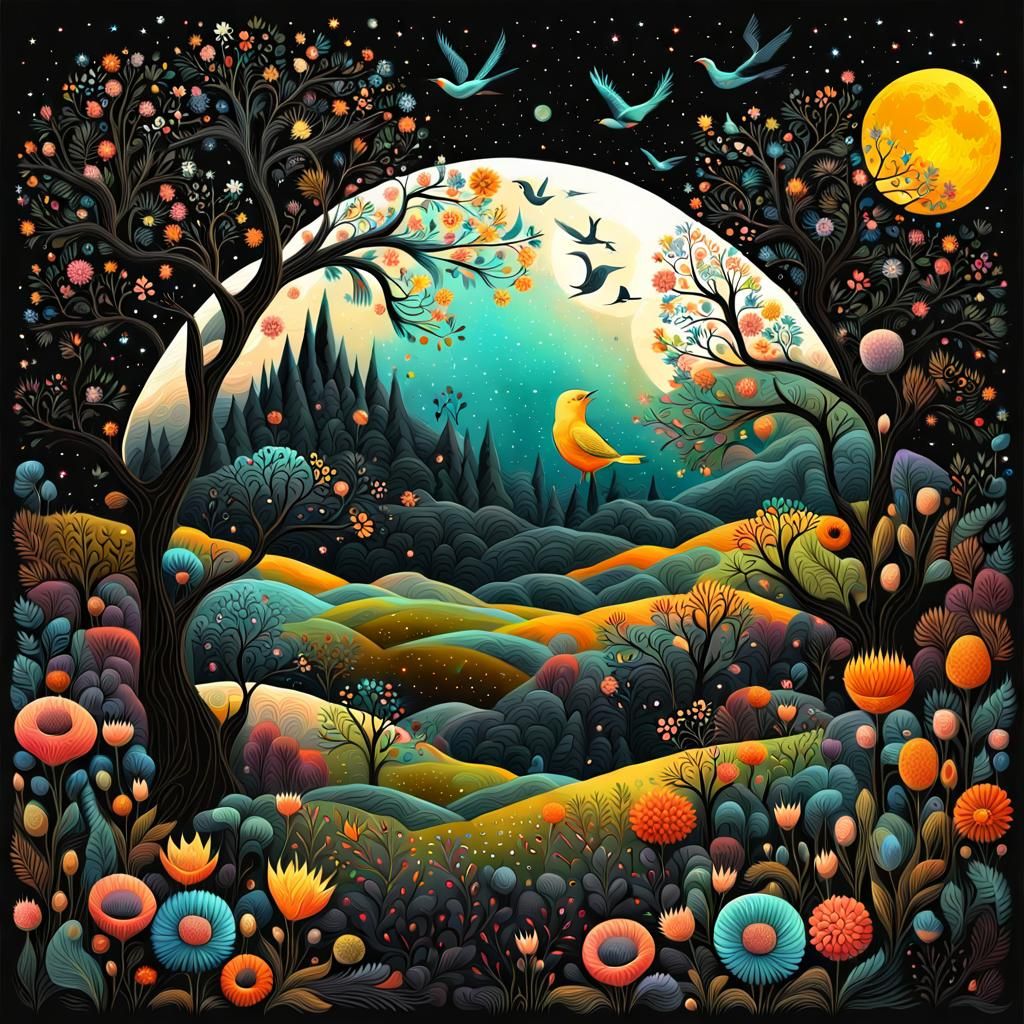 Cosmic Folk Art Spring Landscape Drawing