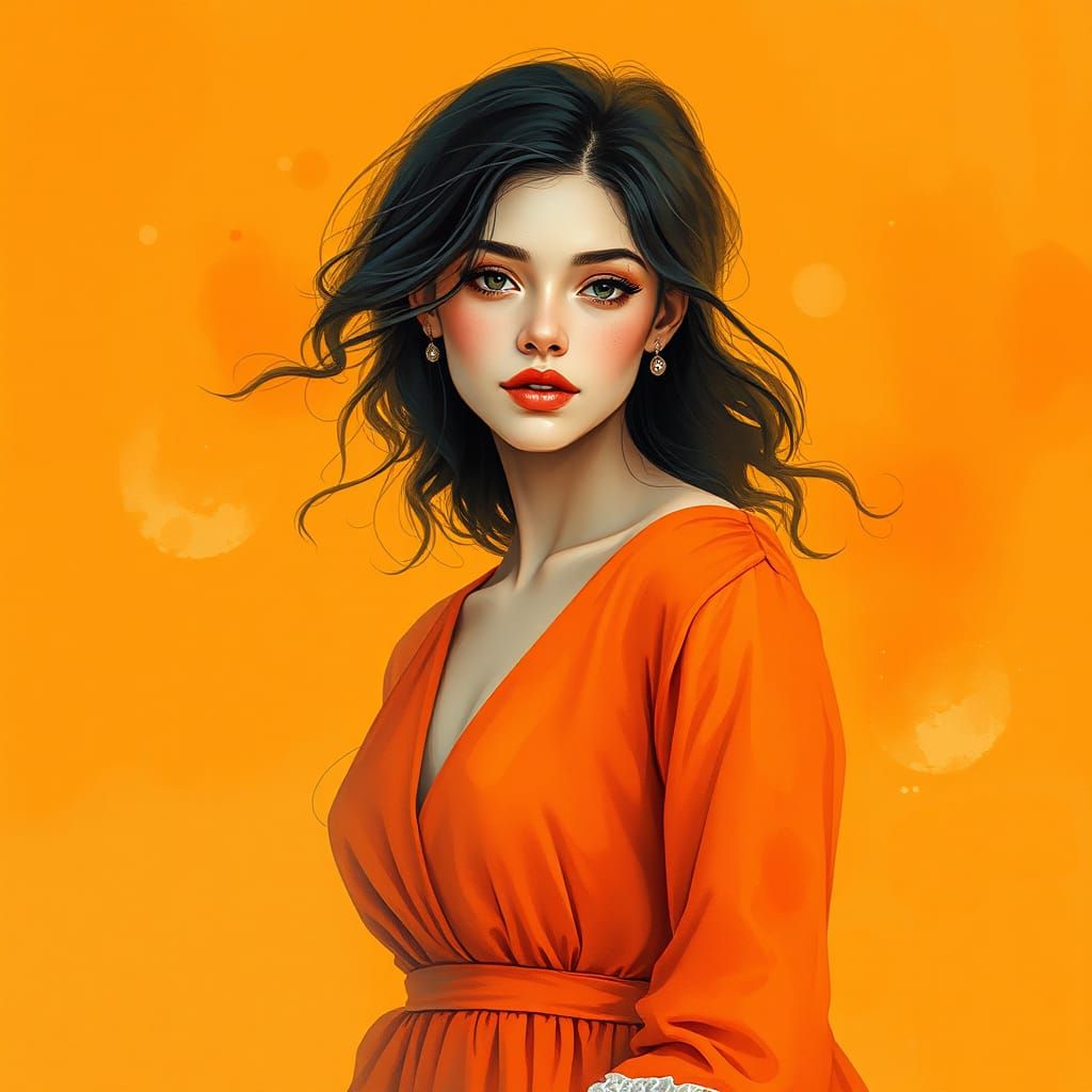 Ethereal Watercolor Portrait of Lady in Orange