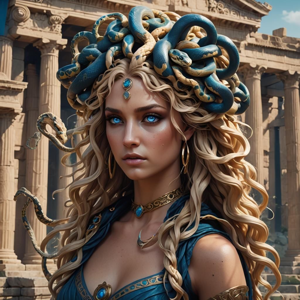 Realistic Medusa with Blond Hair and Snakes