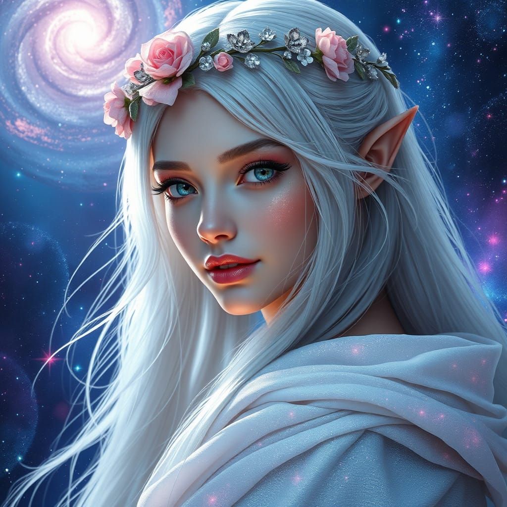Ethereal Elven Goddess in Soft Pink Hues and Celestial Garb