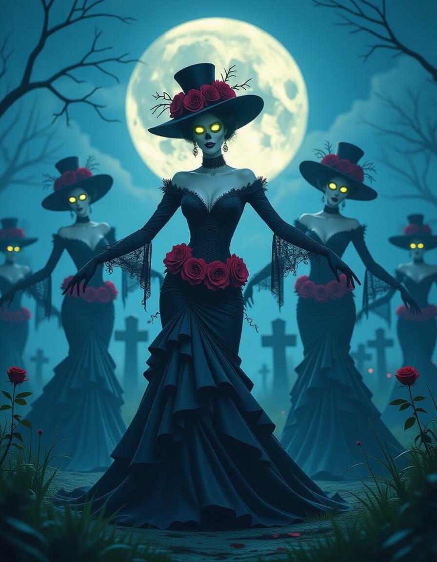 Undead Dancers in Moonlit Graveyard