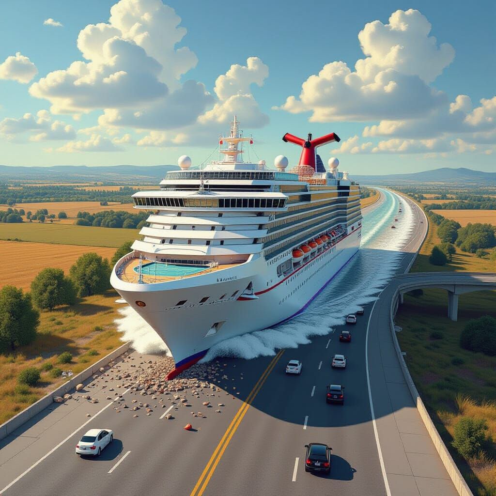 Colossal Cruise Ship Drives on Dusty Road