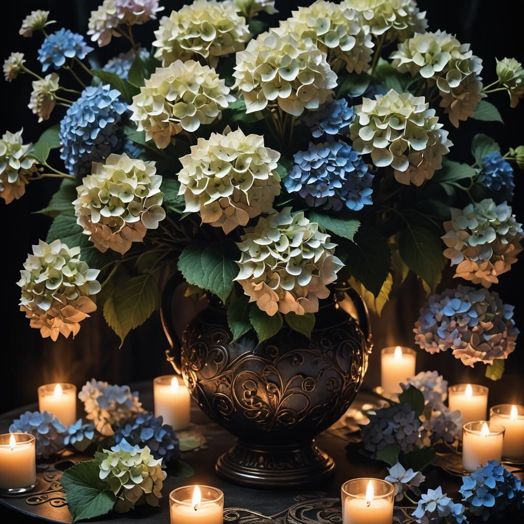 Dark Fantasy Hydrangea Still Life in Mystical Chamber