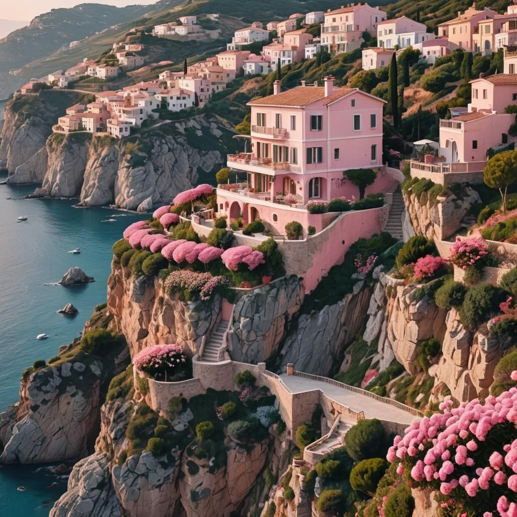 Dreamy Pink Cottage on Cliffside, Mediterranean Architecture