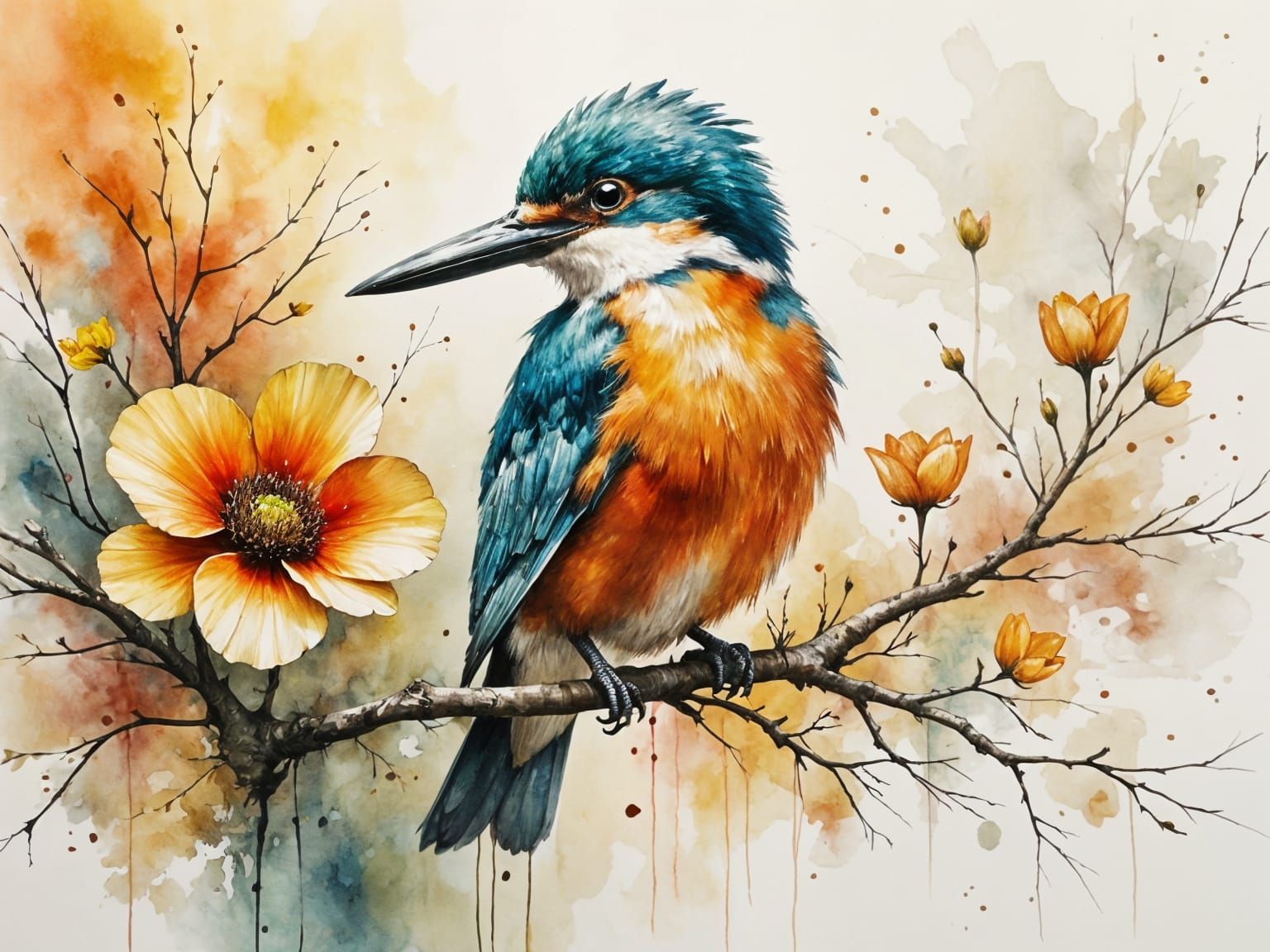 Vibrant Kingfisher Bird Perched Amidst Flowers