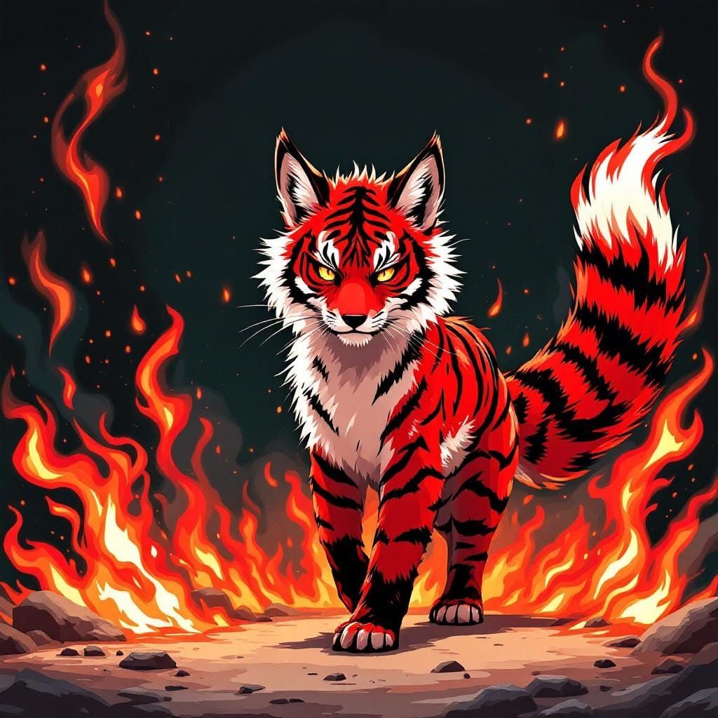 Striking Striped Fox Walking Through Fire in Manga Style