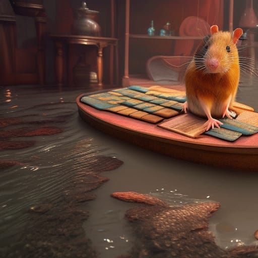 Rat on Raft in Flooded House: Detailed Matte Painting