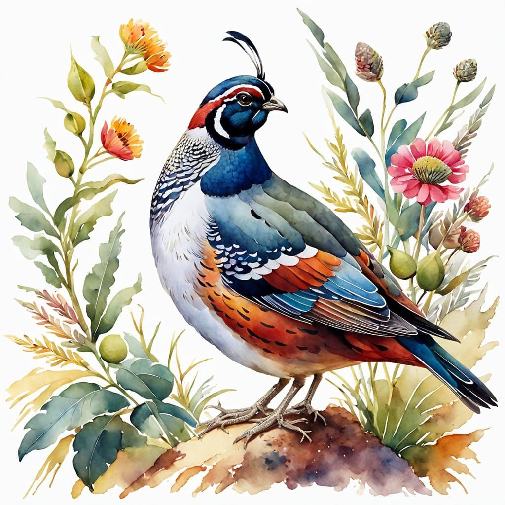 Watercolor Quail in Vibrant Colors