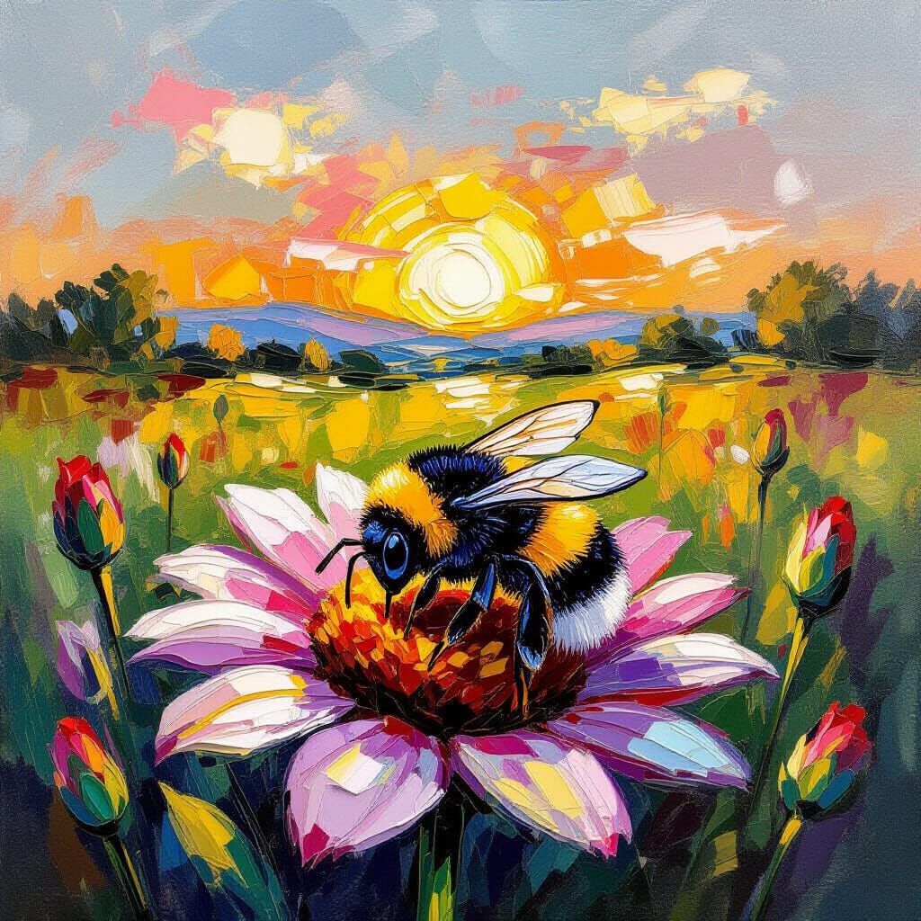 Bumblebee Sleeps on Flower: Expressionist Oil Painting